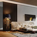 Elegant Modern Bedroom Interior With Bed Decorative Painting Floor Lamp Plant And Large Window
