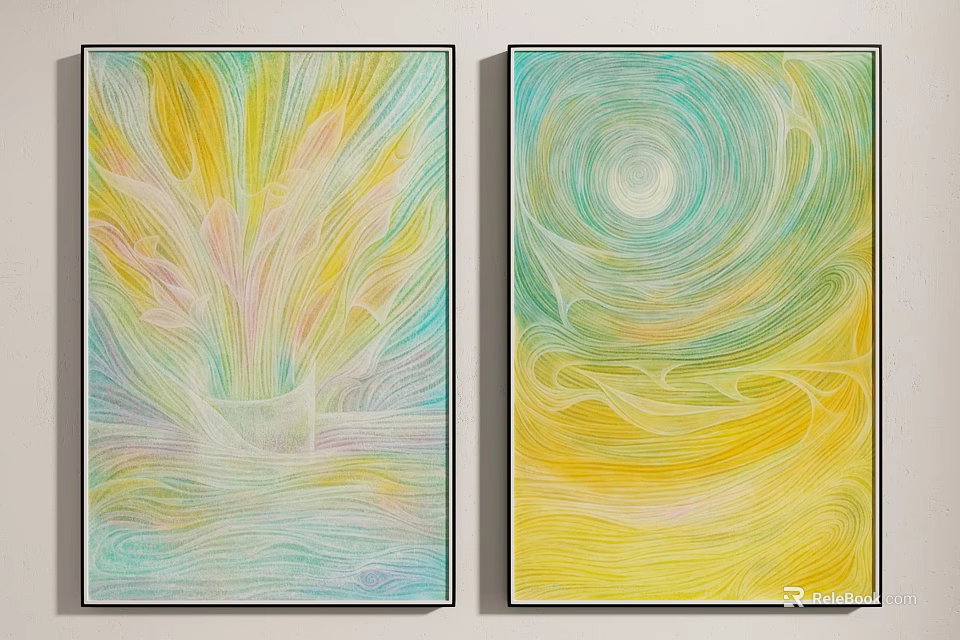 Two Panel Contemporary Abstract Paintings With Soft Yellow Blue Pink Hues And Flowing Swirl Patterns 3d model 