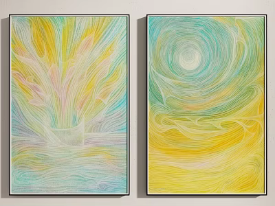 Two Panel Contemporary Abstract Paintings With Soft Yellow Blue Pink Hues And Flowing Swirl Patterns 3d model
