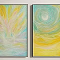 Two Panel Contemporary Abstract Paintings With Soft Yellow Blue Pink Hues And Flowing Swirl Patterns