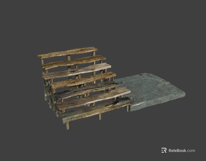 Rustic Wooden Staircase With Natural Wood Steps And Stone Platform Design 3d model 