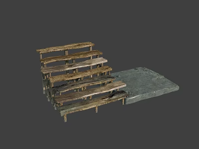Rustic Wooden Staircase With Natural Wood Steps And Stone Platform Design 3d model