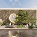 Natural Stone Feature Wall With Circular Light Pine Tree And Decorative Rocks 3d model