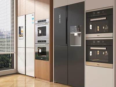 Modern Refrigerators and Freezers in Various Colors with Water Dispenser and Built in Design 3d model