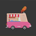 Cute Pink Toy Food Truck With Red White Striped Awning And Hot Dog On Top