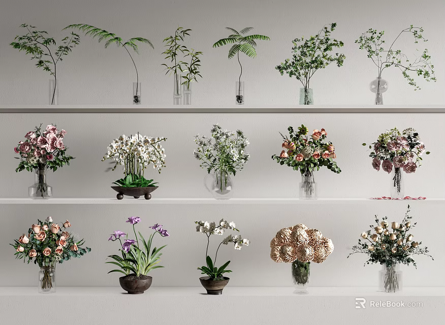 Assorted Fresh Flowers In Glass And Ceramic Vases On Shelf 3d model 