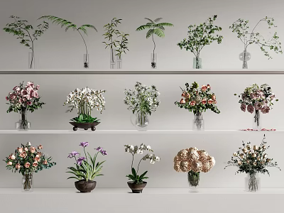 Assorted Fresh Flowers In Glass And Ceramic Vases On Shelf 3d model