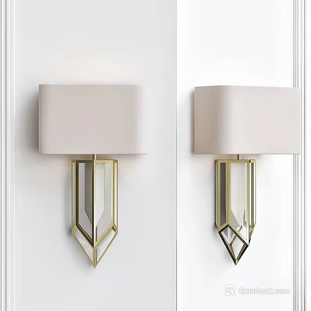 Geometric Design Wall Sconces With White Fabric Shades And Gold Metal Frames On White Wall 3d model 