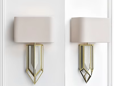 Geometric Design Wall Sconces With White Fabric Shades And Gold Metal Frames On White Wall 3d model