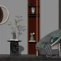 Elegant Single Sofa Interior With Marble Side Table Green Plant And Metal Decorative Shelf