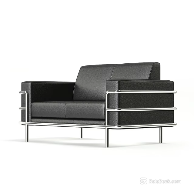 Modern Black Leather Single Sofa with Metal Frame and Sleek Design 3d model