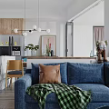 Modern Open Kitchen Dining Room Interior With Marble Island Wooden Cabinets And Dining Table