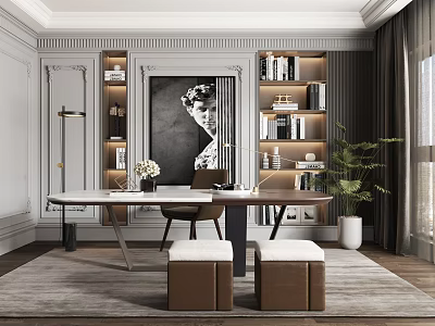 Elegant Study Room Interior With Wooden Bookshelves Writing Desk Chair And Potted Plant 3d model