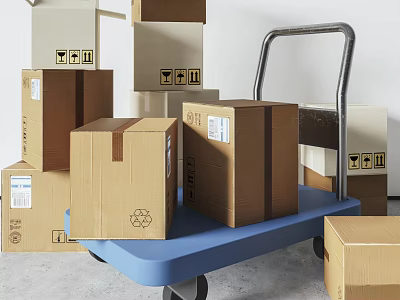 Stacked Cardboard Boxes With Labels On Blue Hand Truck And Surroundings 3d model