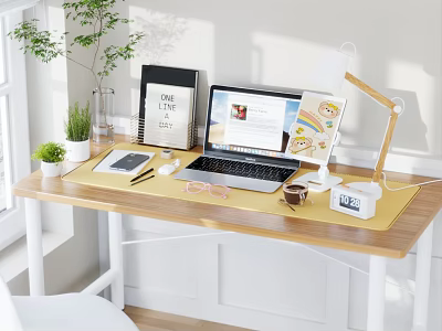 Minimalist Workspace Desk and Chair Set With Wooden Desk Laptop Table Lamp and Potted Plant 3d model