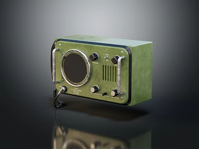 Vintage Green Audio Speaker With Circular Grille Knobs Antenna And Reflection On Dark Background 3d model