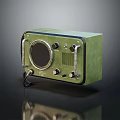 Vintage Green Audio Speaker With Circular Grille Knobs Antenna And Reflection On Dark Background 3d model