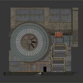Industrial Mechanical Equipment With Large Circular Device Metal Platform And Stacked Crates