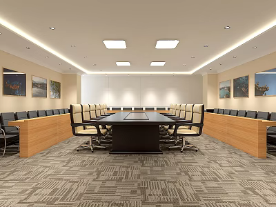 Modern Conference Room Interior With Long Table Black Beige Chairs Square Ceiling Lights Geometric Pattern Carpet 3d model