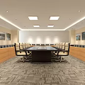 Modern Conference Room Interior With Long Table Black Beige Chairs Square Ceiling Lights Geometric Pattern Carpet