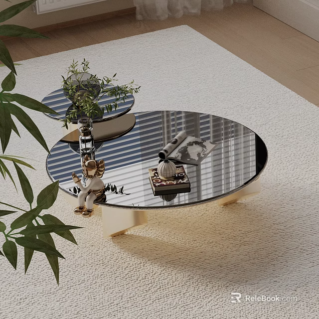 Modern Sofa Coffee Table Set With Round Mirrored Top Light Wood Legs And Plant Decor 3d model 