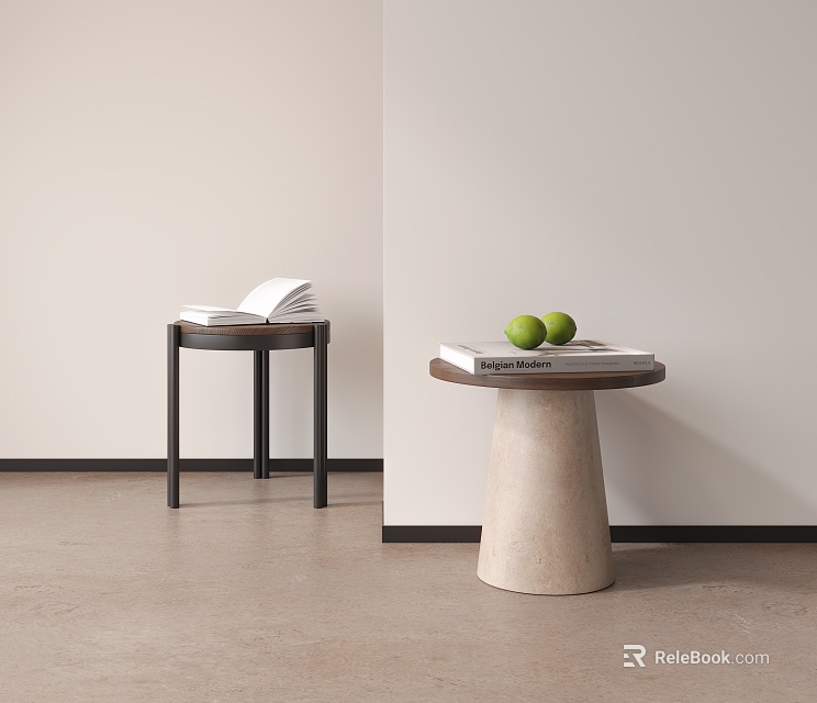 Modern Side Tables With Stacked Books And Green Apples In Minimalist Room 3d model 