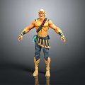 Muscular Warrior Character With Yellow Armor Blue Pants And Green Pouch