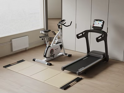 Home Gym Sports Equipment Including Treadmill Exercise Bike and Yoga Mat in Modern Indoor Room 3d model