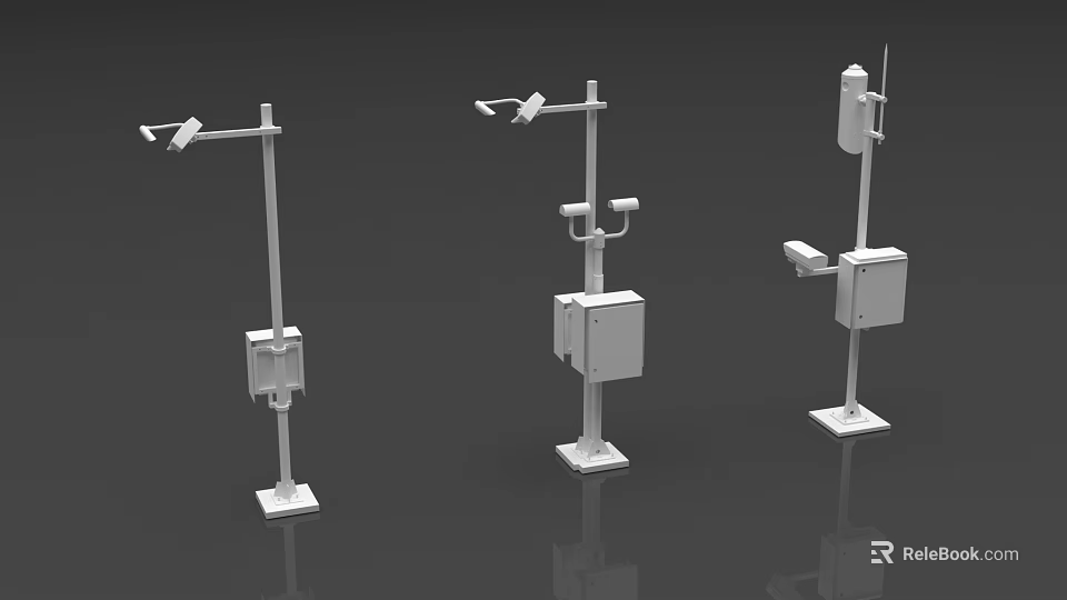 Three White Industrial Equipment Units With Poles Cameras Square Bases For Outdoor Use 3d model 