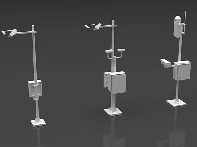 Three White Industrial Equipment Units With Poles Cameras Square Bases For Outdoor Use 3d model