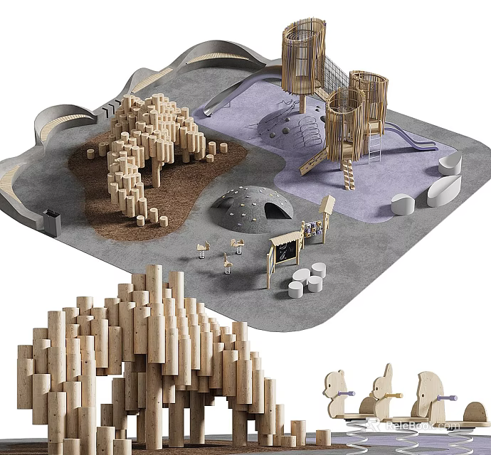 Children's Play Area With Wooden Climbing Structures Slide Sandpit And Soft Surface 3d model 
