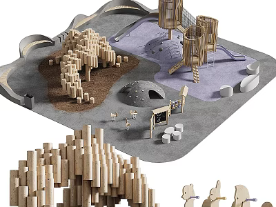 Children's Play Area With Wooden Climbing Structures Slide Sandpit And Soft Surface 3d model