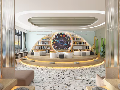 Artistic Library Reading Space Design With Bookshelves And Decorative Installation 3d model