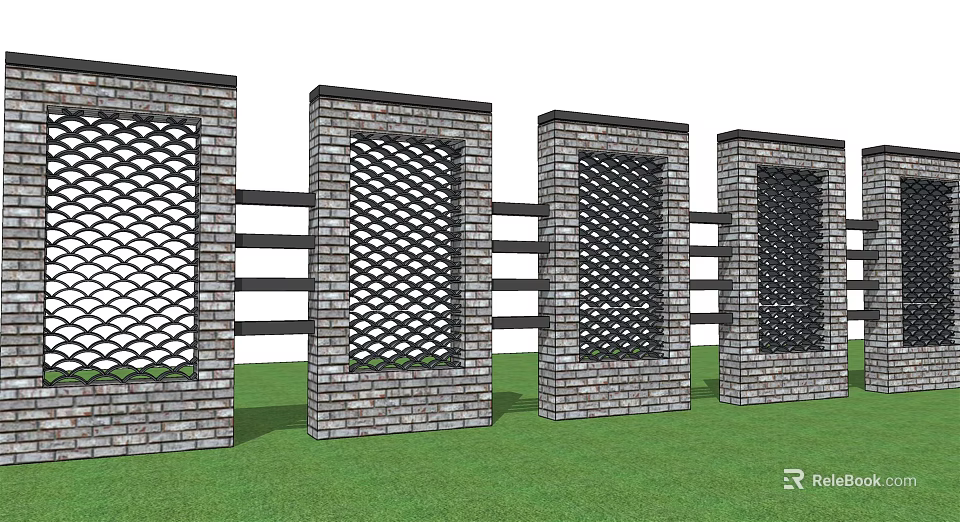 Brick Garden Wall With Lattice Panels And Multiple Pillars On Grass 3d model