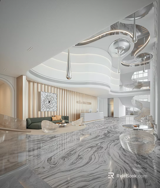 Elegant Modern Hotel Lobby Interior With Marble Floor Chandeliers And Reception Desk 3d model 