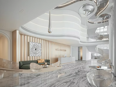 Elegant Modern Hotel Lobby Interior With Marble Floor Chandeliers And Reception Desk 3d model