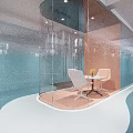 Modern Office Corridor With Glass Partitions Blue Orange Tones Curved Sleek Flooring And Green Plants