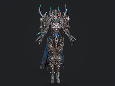 Game Movie Fantasy Character In Intricate Spiked Armor With Blue Accents Design 3d model
