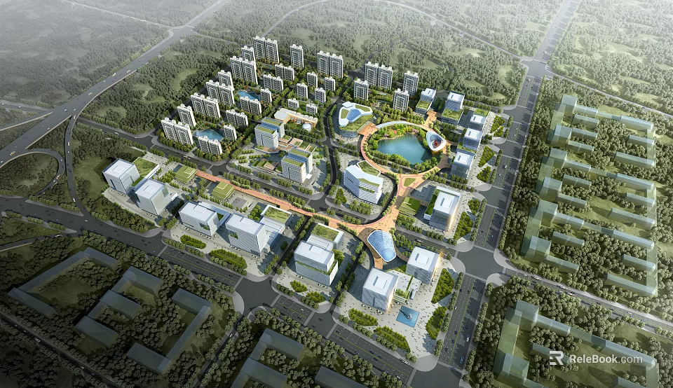 Aerial View of Modern Urban Planning Area With Buildings Green Spaces and Central Lake 3d model 