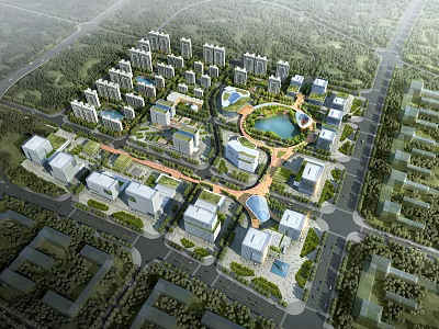 Aerial View of Modern Urban Planning Area With Buildings Green Spaces and Central Lake 3d model