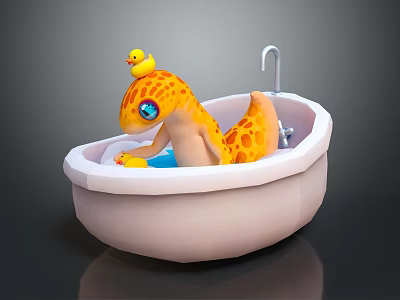 Cute Cartoon Lizard Bath Toy In Pink Bathtub With Yellow Duck And Water Tap 3d model