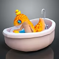 Cute Cartoon Lizard Bath Toy In Pink Bathtub With Yellow Duck And Water Tap