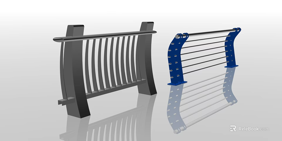 Modern Architectural Metal Railings In Gray And Blue With Vertical Bars Design 3d model 
