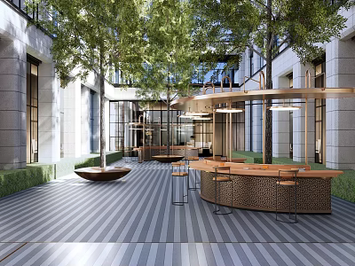 Modern Commercial Landscape With Outdoor Seating Bar Counter And Trees Striped Flooring 3d model