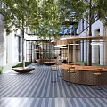 Modern Commercial Landscape With Outdoor Seating Bar Counter And Trees Striped Flooring