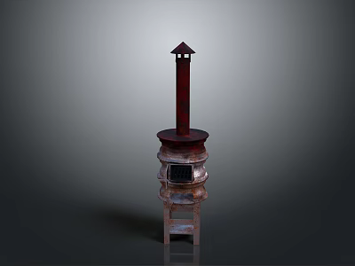 Traditional Vintage Household Stove With Wooden Structure And Tall Chimney Design 3d model