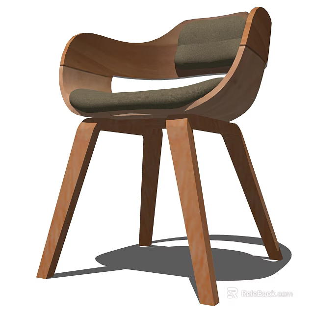 Modern Wooden Armchair With Curved Armrests Gray Padded Seat And Slim Legs 3d model 