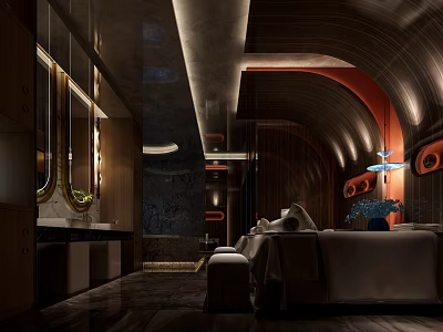 Luxury SPA Sauna Interior With Relaxing Massage Bed Warm Lighting And Wooden Decor 3d model