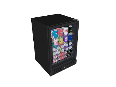 Black Mini Refrigerator with Glass Door Filled with Colorful Beverage Cans for Home Use 3d model