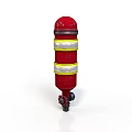 Red Fire Hydrant With Yellow And White Stripes Bottom Valves And Wheels 3d model